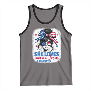 She Loves Jesus And America Too Tank Top Christian 4th of July Messy Bun Flag TS10 Deep Heather Black Print Your Wear