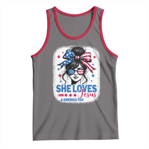 She Loves Jesus And America Too Tank Top Christian 4th of July Messy Bun Flag TS10 Deep Heather Red Print Your Wear