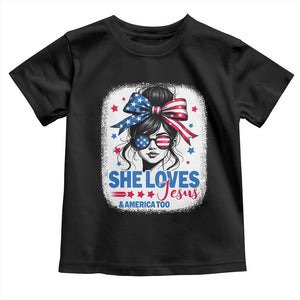 She Loves Jesus And America Too Toddler T Shirt Christian 4th of July Messy Bun Flag TS10 Black Print Your Wear
