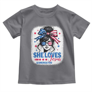 She Loves Jesus And America Too Toddler T Shirt Christian 4th of July Messy Bun Flag TS10 Charcoal Print Your Wear