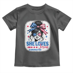 She Loves Jesus And America Too Toddler T Shirt Christian 4th of July Messy Bun Flag TS10 Dark Heather Print Your Wear