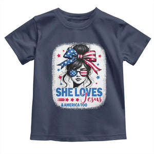 She Loves Jesus And America Too Toddler T Shirt Christian 4th of July Messy Bun Flag TS10 Navy Print Your Wear