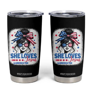 She Loves Jesus And America Too Tumbler Cup Christian 4th of July Messy Bun Flag TS10 Black Print Your Wear