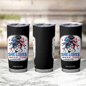 She Loves Jesus And America Too Tumbler Cup Christian 4th of July Messy Bun Flag TS10 Print Your Wear