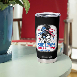 She Loves Jesus And America Too Tumbler Cup Christian 4th of July Messy Bun Flag TS10 Print Your Wear
