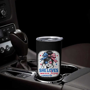 She Loves Jesus And America Too Tumbler Cup Christian 4th of July Messy Bun Flag TS10 Print Your Wear