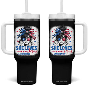 She Loves Jesus And America Too Tumbler With Handle Christian 4th of July Messy Bun Flag TS10 One Size: 40 oz Black Print Your Wear
