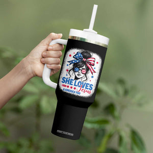 She Loves Jesus And America Too Tumbler With Handle Christian 4th of July Messy Bun Flag TS10 Print Your Wear