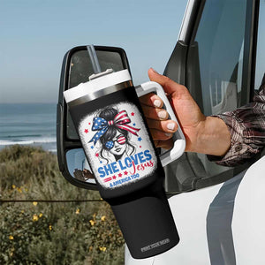 She Loves Jesus And America Too Tumbler With Handle Christian 4th of July Messy Bun Flag TS10 Print Your Wear