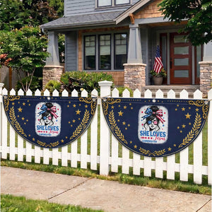 She Loves Jesus And America Too Patriotic Fan Flag Christian 4th of July Messy Bun Flag