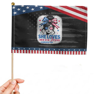 She Loves Jesus And America Too Patriotic Handheld Flag Christian 4th of July Messy Bun Flag TS10 Distressed 8.2" × 5.5" Black Blue Print Your Wear