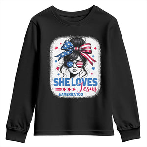 She Loves Jesus And America Too Youth Sweatshirt Christian 4th of July Messy Bun Flag TS10 Black Print Your Wear