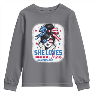She Loves Jesus And America Too Youth Sweatshirt Christian 4th of July Messy Bun Flag TS10 Charcoal Print Your Wear