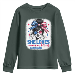 She Loves Jesus And America Too Youth Sweatshirt Christian 4th of July Messy Bun Flag TS10 Dark Forest Green Print Your Wear