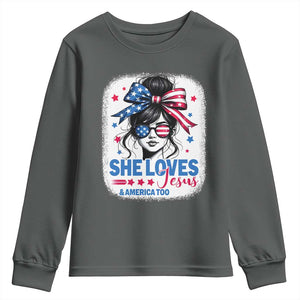She Loves Jesus And America Too Youth Sweatshirt Christian 4th of July Messy Bun Flag TS10 Dark Heather Print Your Wear