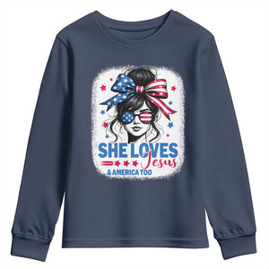 She Loves Jesus And America Too Youth Sweatshirt Christian 4th of July Messy Bun Flag TS10 Navy Print Your Wear