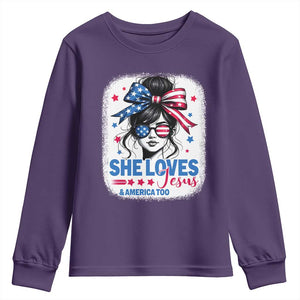 She Loves Jesus And America Too Youth Sweatshirt Christian 4th of July Messy Bun Flag TS10 Purple Print Your Wear