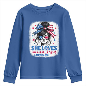 She Loves Jesus And America Too Youth Sweatshirt Christian 4th of July Messy Bun Flag TS10 Royal Blue Print Your Wear