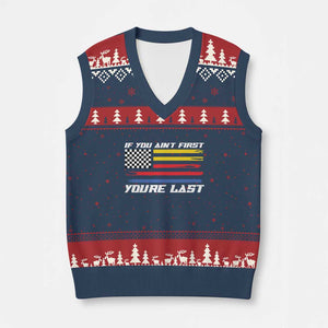 US Flag Car Racing V-Neck Knit Sweater Vest If You Aint First Youre Last Checkered Flag TS10 Navy Red Print Your Wear
