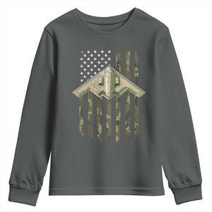 Retro Camo B2 Spirit Youth Sweatshirt B-2 Bomber Stealth Aircraft Camouflage US Flag Patriotic TS10 Dark Heather Print Your Wear