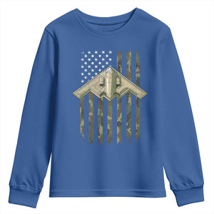 Retro Camo B2 Spirit Youth Sweatshirt B-2 Bomber Stealth Aircraft Camouflage US Flag Patriotic TS10 Royal Blue Print Your Wear
