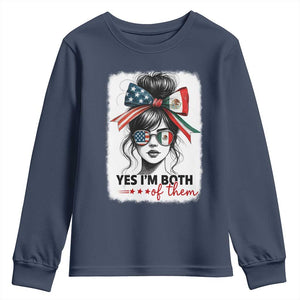 American Mexican Roots Youth Sweatshirt Messy Bun Mexico America Half American Flag TS10 Navy Print Your Wear