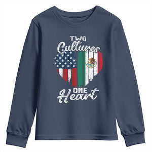 Mexican Roots Youth Sweatshirt Mexican American Flag Two Cultures One Heart TS10 Navy Print Your Wear