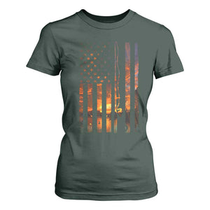 American Flag Fishing T Shirt For Women Fish Fisher Fisherman Fishing Rod Sunset TS10 Dark Forest Green Print Your Wear
