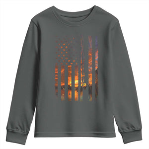 American Flag Fishing Youth Sweatshirt Fish Fisher Fisherman Fishing Rod Sunset TS10 Dark Heather Print Your Wear