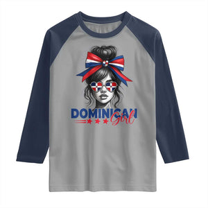Dominican Girl Raglan Shirt Messy Bun Caribbean Dominican Republic DR Flag TS10 Sport Gray Navy Print Your Wear
