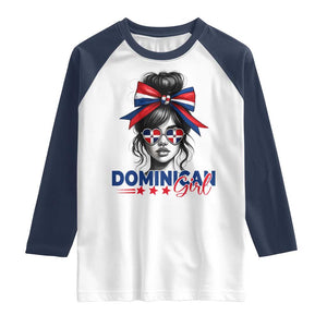 Dominican Girl Raglan Shirt Messy Bun Caribbean Dominican Republic DR Flag TS10 White Navy Print Your Wear