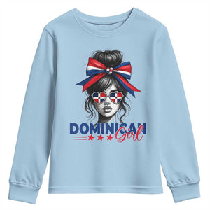 Dominican Girl Youth Sweatshirt Messy Bun Caribbean Dominican Republic DR Flag TS10 Light Blue Print Your Wear