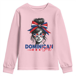 Dominican Girl Youth Sweatshirt Messy Bun Caribbean Dominican Republic DR Flag TS10 Light Pink Print Your Wear