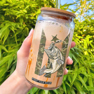 Fishing Puerto Rico Flag Glass Can Bass Fish Fisherman Camo Camouflage US Flag TS10 Black Print Your Wear