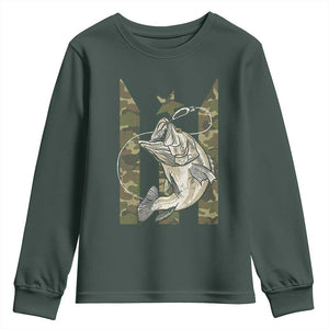 Fishing Puerto Rico Flag Youth Sweatshirt Bass Fish Fisherman Camo Camouflage US Flag TS10 Dark Forest Green Print Your Wear