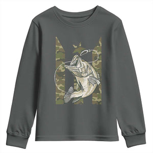 Fishing Puerto Rico Flag Youth Sweatshirt Bass Fish Fisherman Camo Camouflage US Flag TS10 Dark Heather Print Your Wear