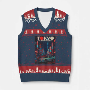Distress JDM Tokyo Japan Drift Race Car V-Neck Knit Sweater Vest Retro Vintage Japanese Graphic TS10 Navy Red Print Your Wear