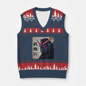 Japanese Mecha Robot V-Neck Knit Sweater Vest Samurai Inspired Futuristic Kanji Design TS10 Navy Red Print Your Wear