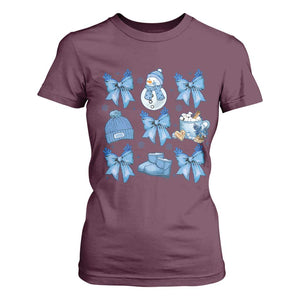 Coquette Bow Christmas T Shirt For Women Cozy Winter Xmas Gift Blue Holiday TS10 Maroon Print Your Wear