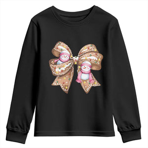 Gingerbread Coquette Bow Christmas Youth Sweatshirt Cute Snowman Girly Xmas Gifts For Her TS10 Black Print Your Wear