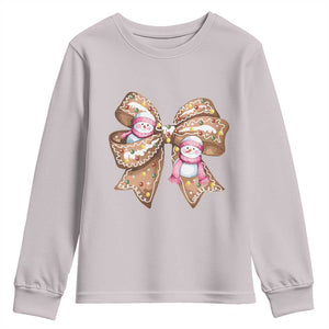 Gingerbread Coquette Bow Christmas Youth Sweatshirt Cute Snowman Girly Xmas Gifts For Her TS10 Ice Gray Print Your Wear