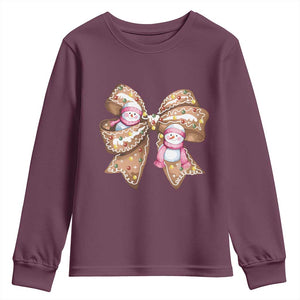 Gingerbread Coquette Bow Christmas Youth Sweatshirt Cute Snowman Girly Xmas Gifts For Her TS10 Maroon Print Your Wear