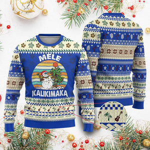 Vintage Cute Mele Kalikimaka Ugly Christmas Sweater Funny Snowman Palm Tree Beach Tropical Xmas Gift Family Holiday TS10 Blue Print Your Wear