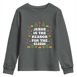 Christian Christmas Youth Sweatshirt Ugly Christmas Sweaters Jesus Is The Reason For The Season TS10 Dark Heather Print Your Wear