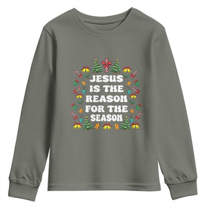 Christian Christmas Youth Sweatshirt Ugly Christmas Sweaters Jesus Is The Reason For The Season TS10 Military Green Print Your Wear