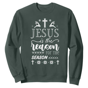 Christian Christmas Sweatshirt Jesus Is The Reason For The Season Xmas Faith TS10 Dark Forest Green Print Your Wear
