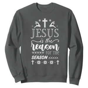 Christian Christmas Sweatshirt Jesus Is The Reason For The Season Xmas Faith TS10 Dark Heather Print Your Wear