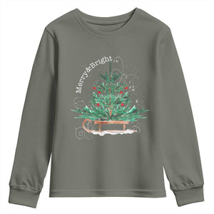 Merry and Bright Christmas Sleigh Youth Sweatshirt TS10 Military Green Print Your Wear