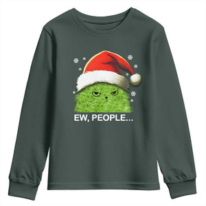 Christmas Cat Youth Sweatshirt Ew People Meowy Kitten Lovers TS10 Dark Forest Green Print Your Wear