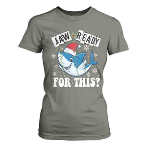 Funny Christmas T Shirt For Women Sharkmas Shark Lights Red Santa Hat Jaw Ready For This TS10 Military Green Print Your Wear